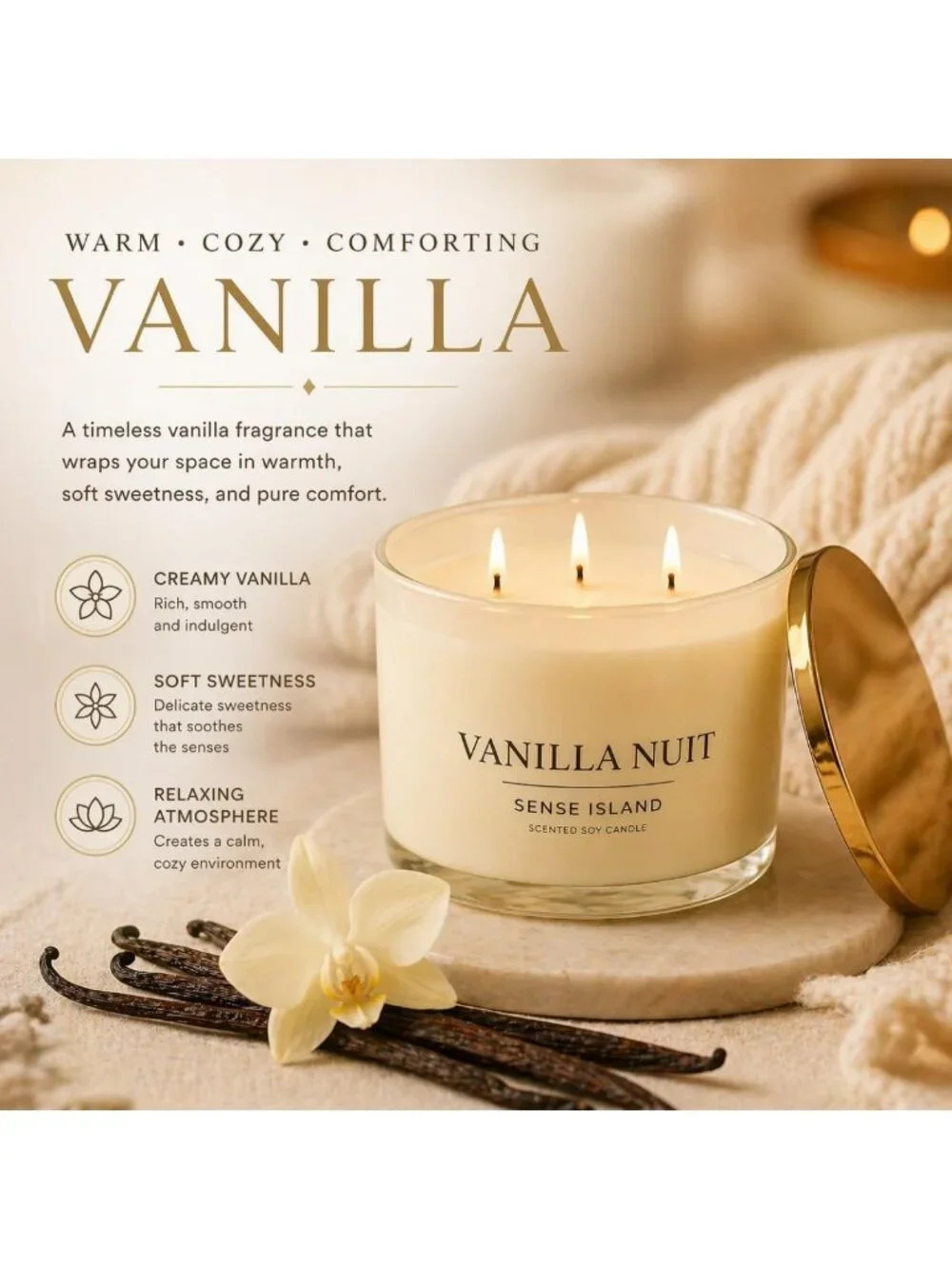 Large 3 Wick Vanilla Soy Candle - 50 Hour Burn, Natural Wax, Beige Glass, Luxury
